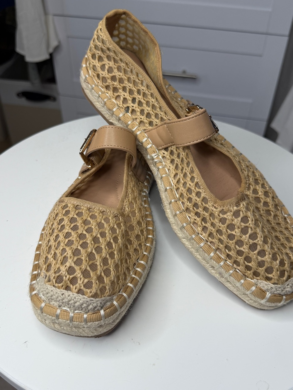 Time and tru Beige Mesh Espadrille Mary Jane Flats with Buckle